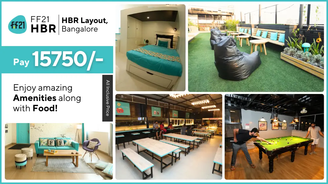 FF21 HBR Layout: rooms from ₹15,750 a month with food, a rooftop, dining hall and pool table