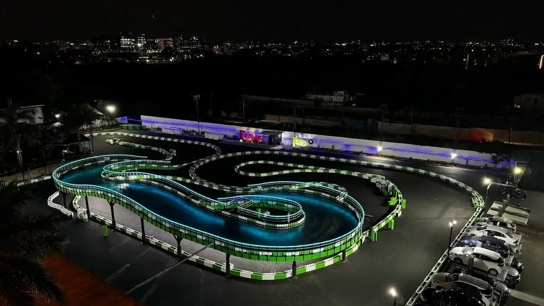 Floodlit go-kart track at Torq03 at night