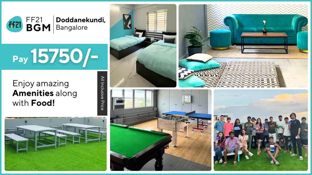 FF21 BGM Doddanekundi: rooms, lounge, rooftop, games and residents