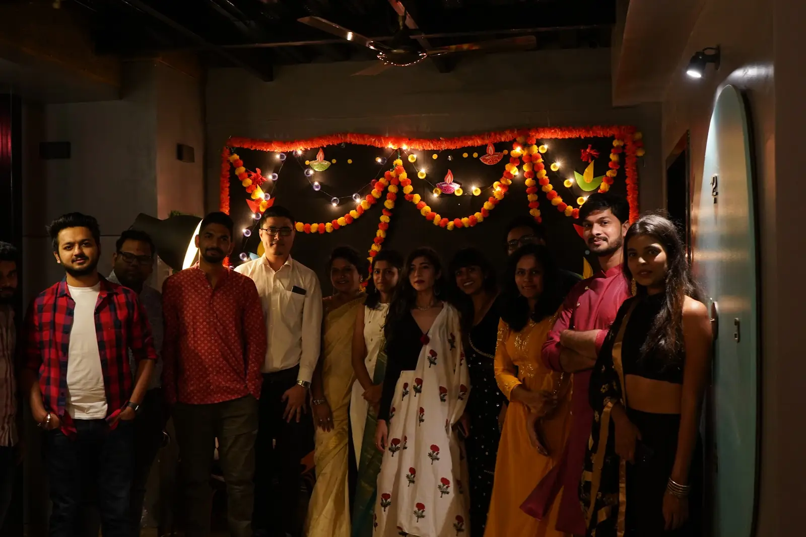 Residents dressed up for Diwali under string lights