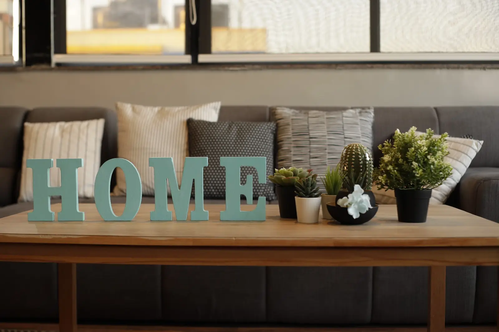 Bench with a HOME sign, cushions and plants