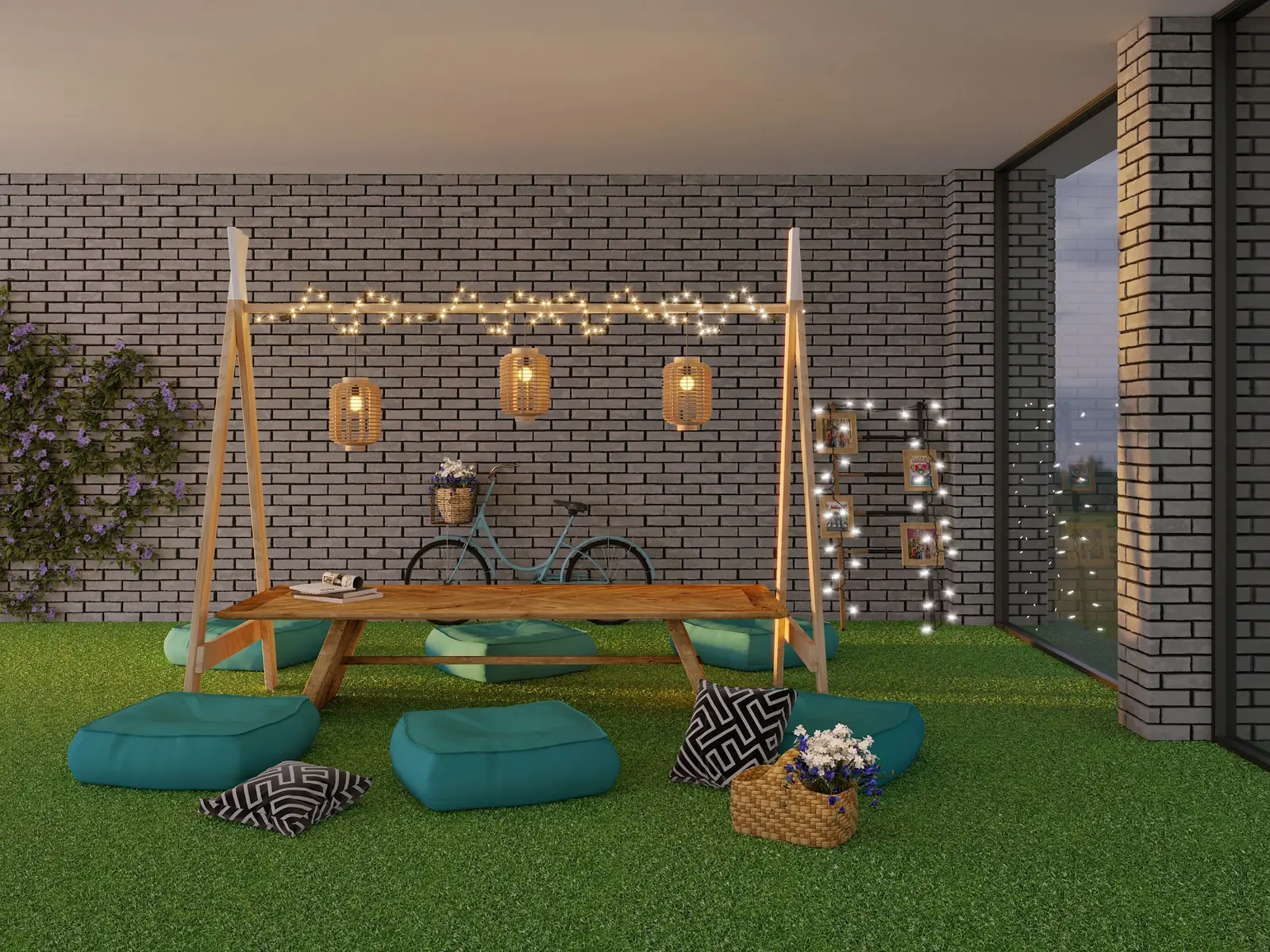 Garden with a swing bench and floor cushions