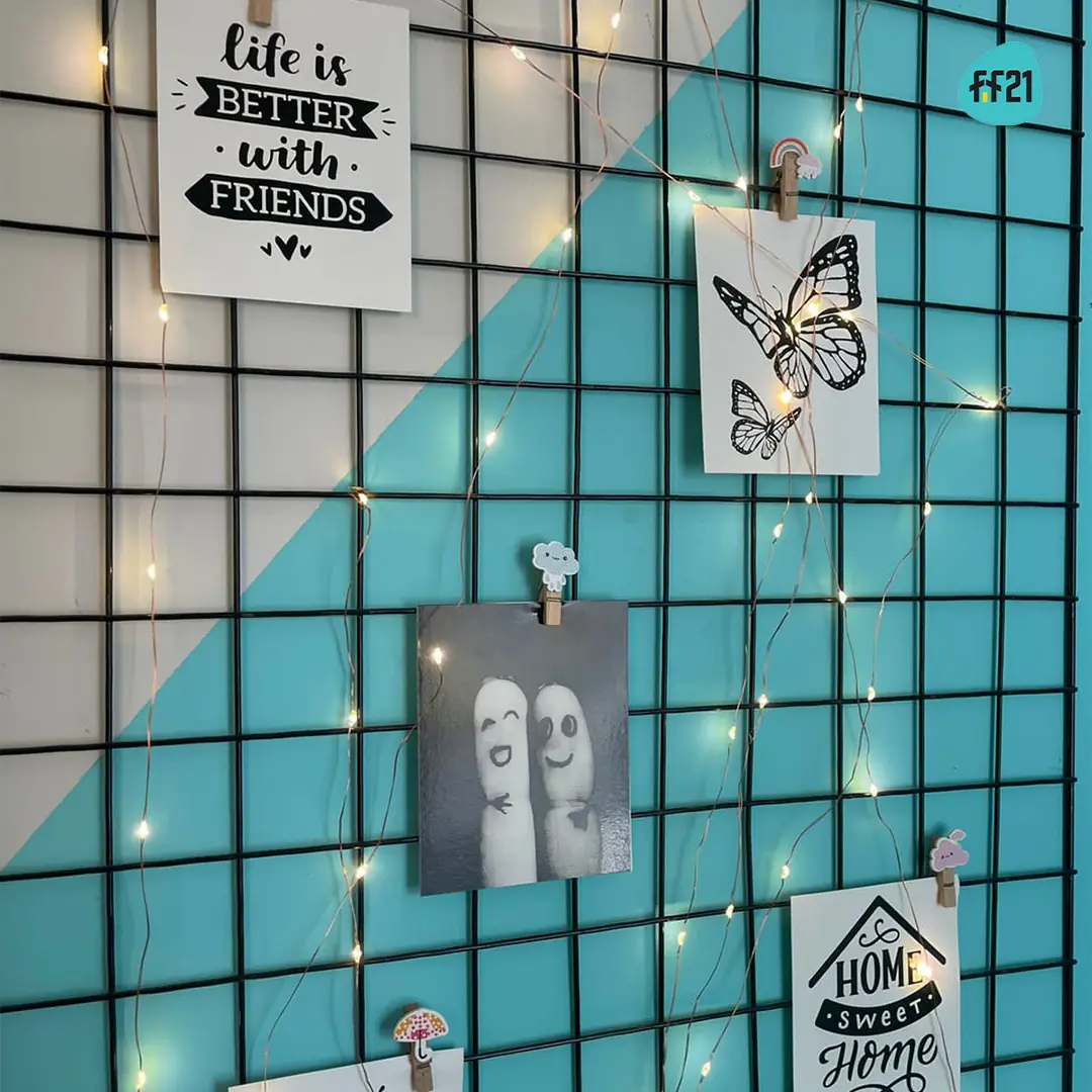 Grid wall with photos and fairy lights
