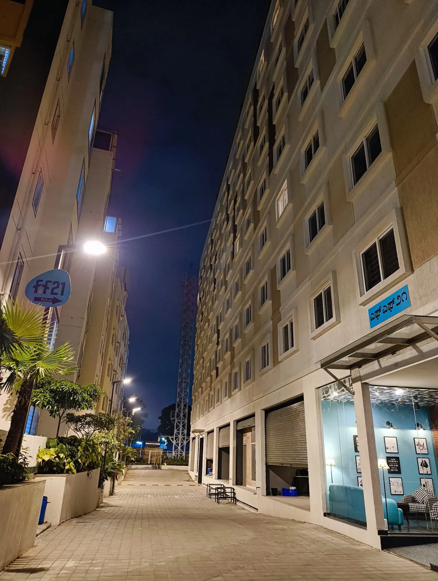The FF21 building at night